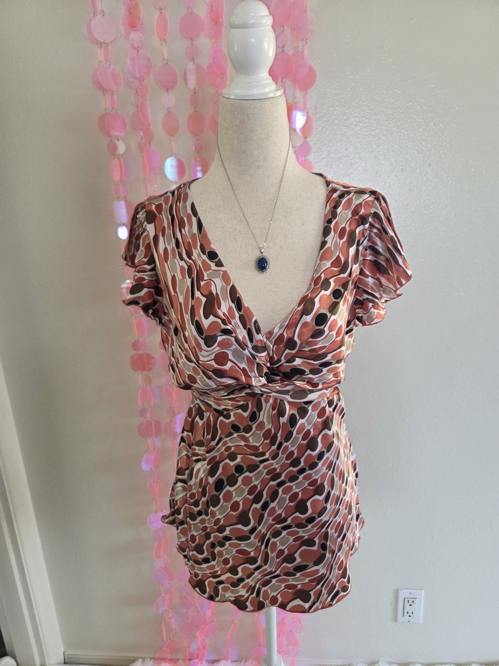 dressbarn Coral and Brown Abstract Dot Tiewaist Top